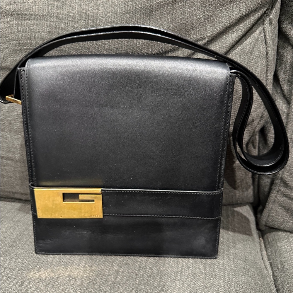 Gucci Black Leather Shoulder Bag with Gold Accent